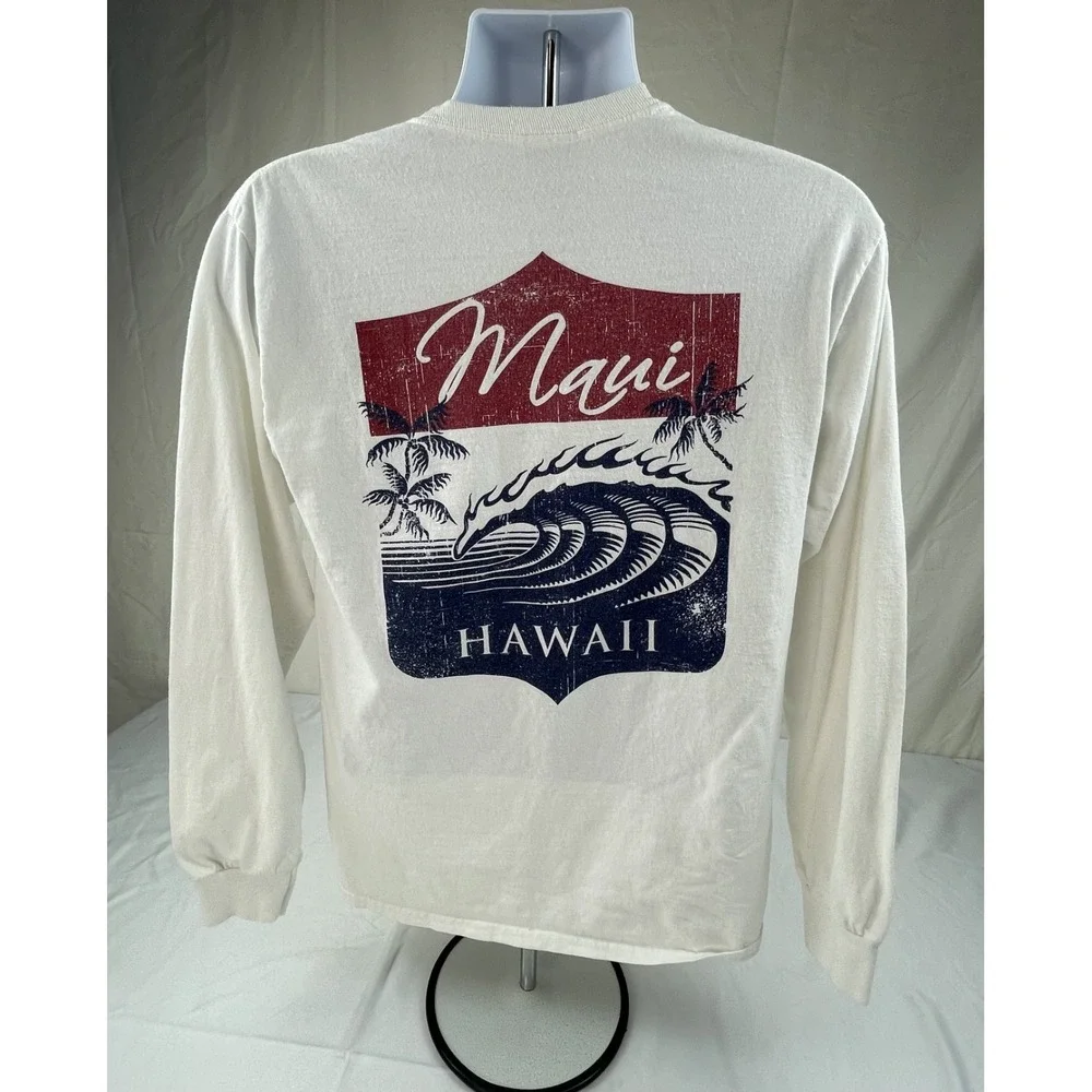 MAUI HAWAII LONG SLEEVE T SHIRT MENS MEDIUM WHITE GRAPHIC COTTON TEE